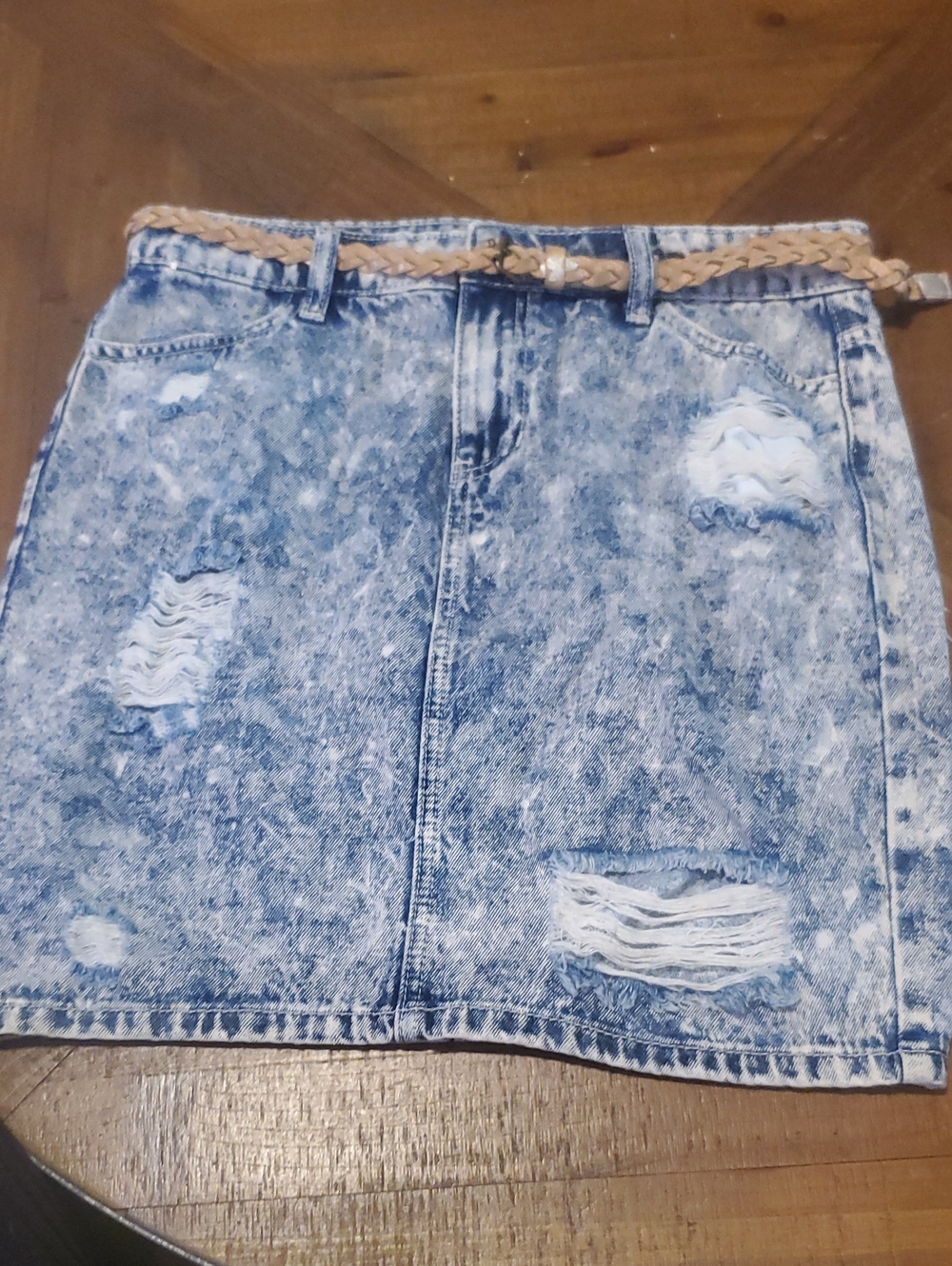 Distressed Acid-Wash Denim Skirt in Light Blue